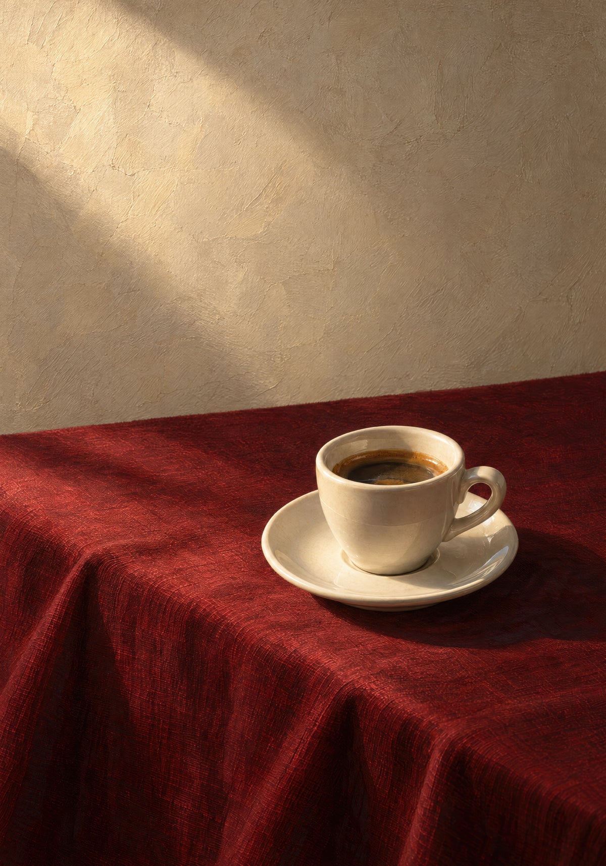 Eine weiße Tasse Kaffee auf einer roten Tischdecke, die von schräg einfallendem Sonnenlicht und Schatten bedeckt ist.