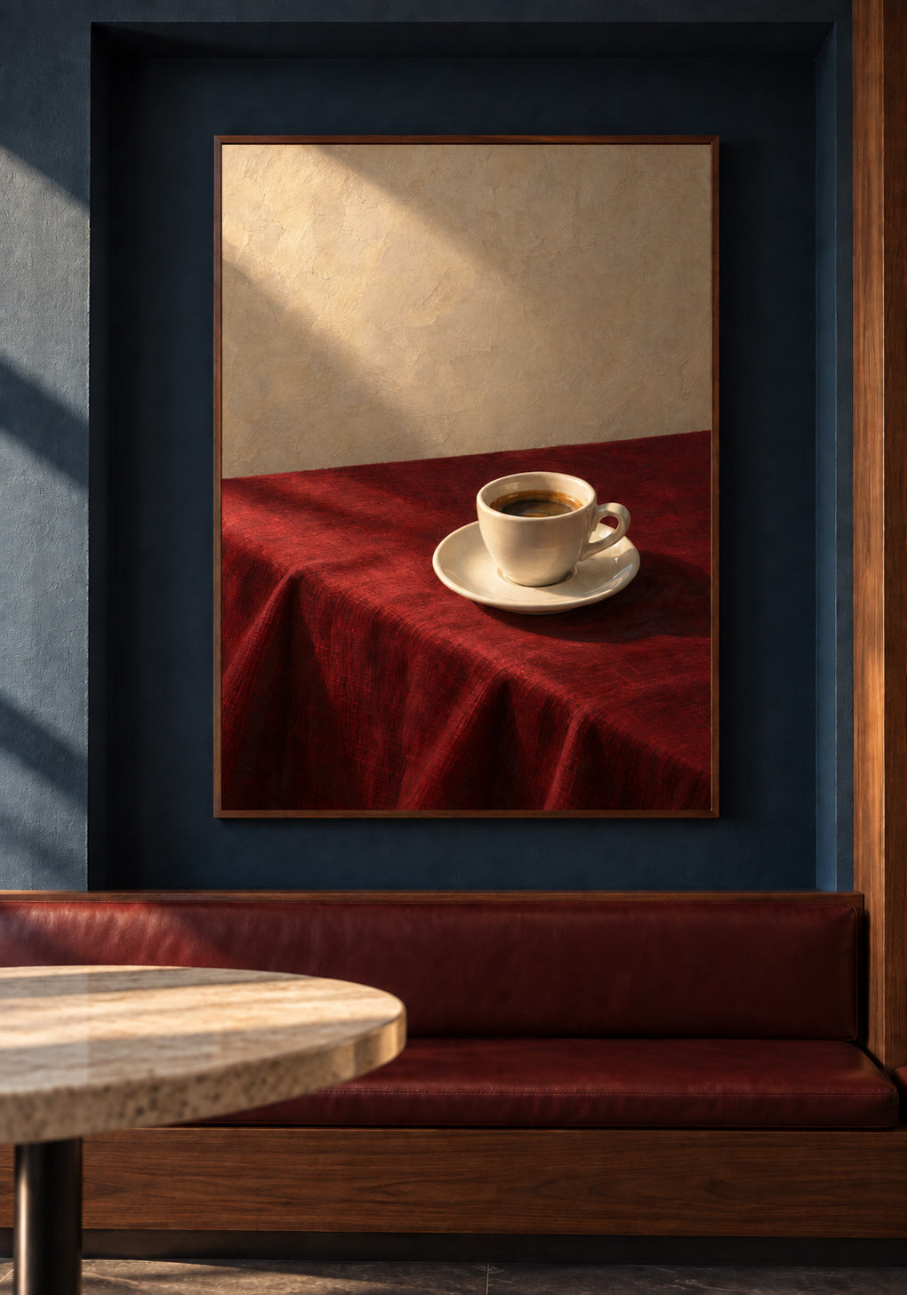 Gerahmtes Bild einer Kaffeetasse auf einem roten Tischtuch, an einer dunkelblauen Wand über einer roten Lederbank hängend.