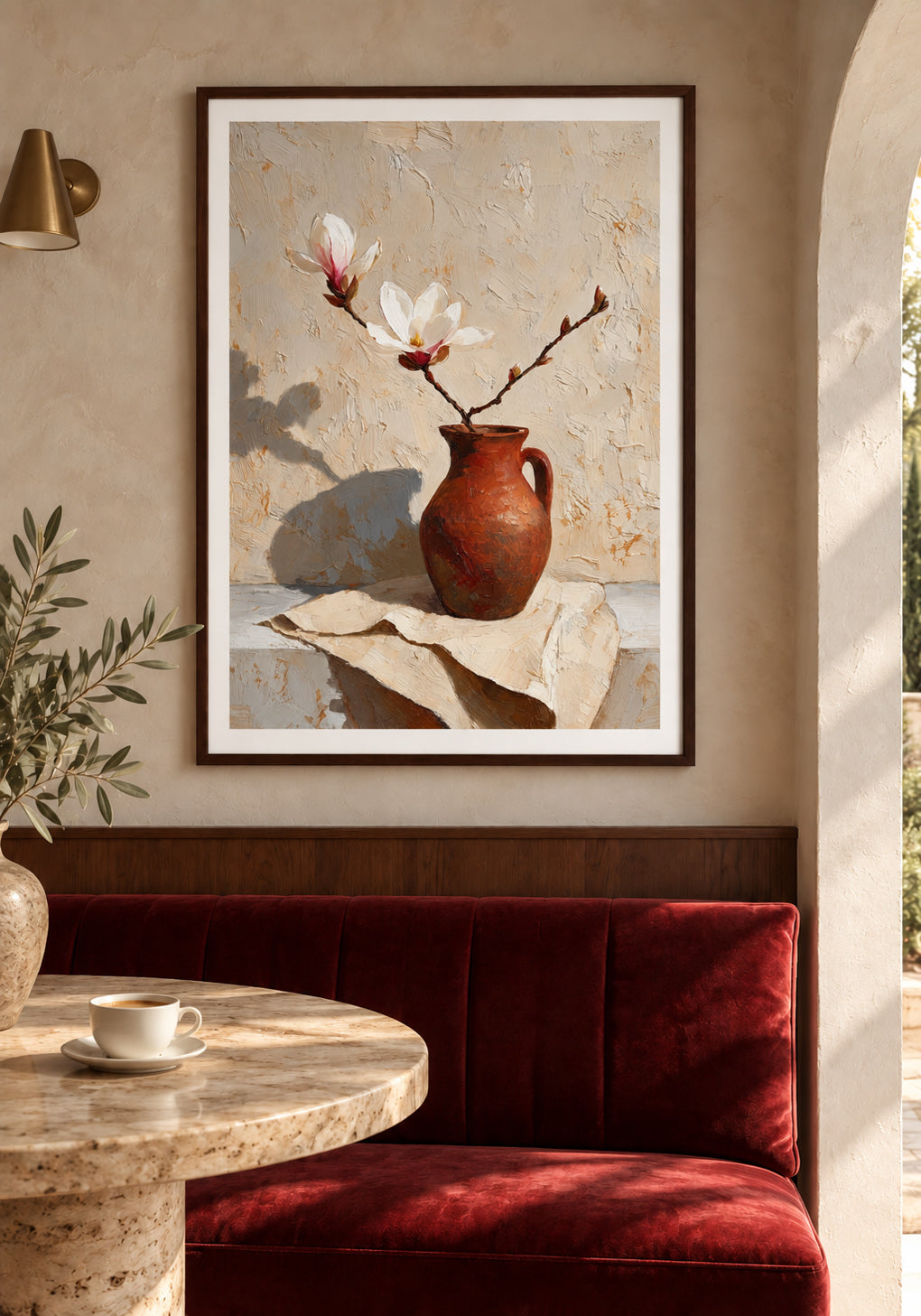 Print eines gemalten Stilllebens mit Magnolien in einer Tonvase, hängend über einer roten Sitznische.