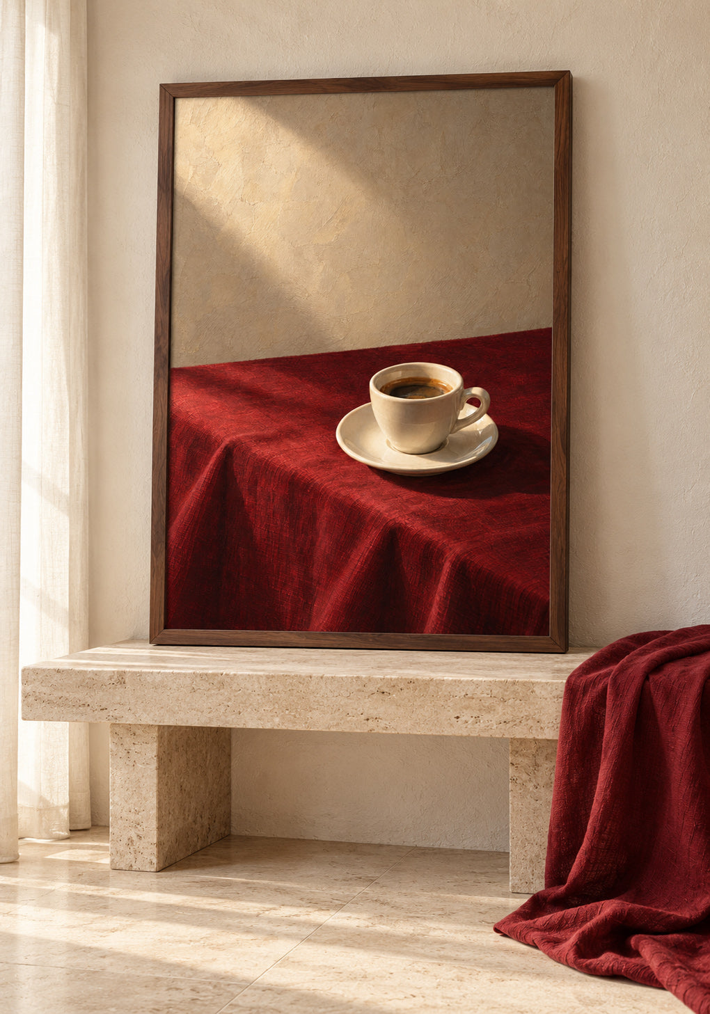 Gerahmtes Poster mit einer Kaffeetasse auf einer roten Tischdecke, in einem hellen Raum auf einer Steinbank stehend.