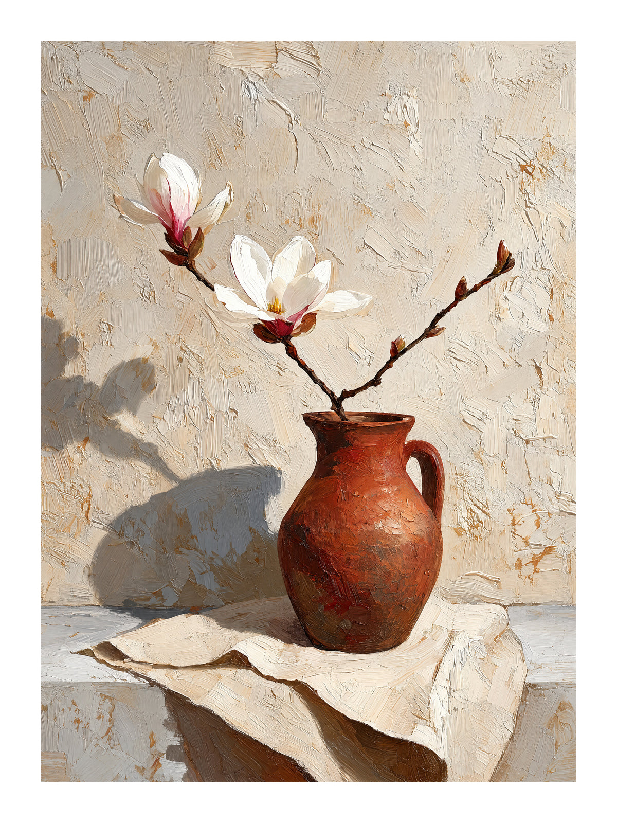 Stillleben-Gemälde eines Tonkrugs mit weißen Magnolienblüten. Das Motiv hat eine pastose Pinselstruktur und wirft einen starken Schatten an die Wand.