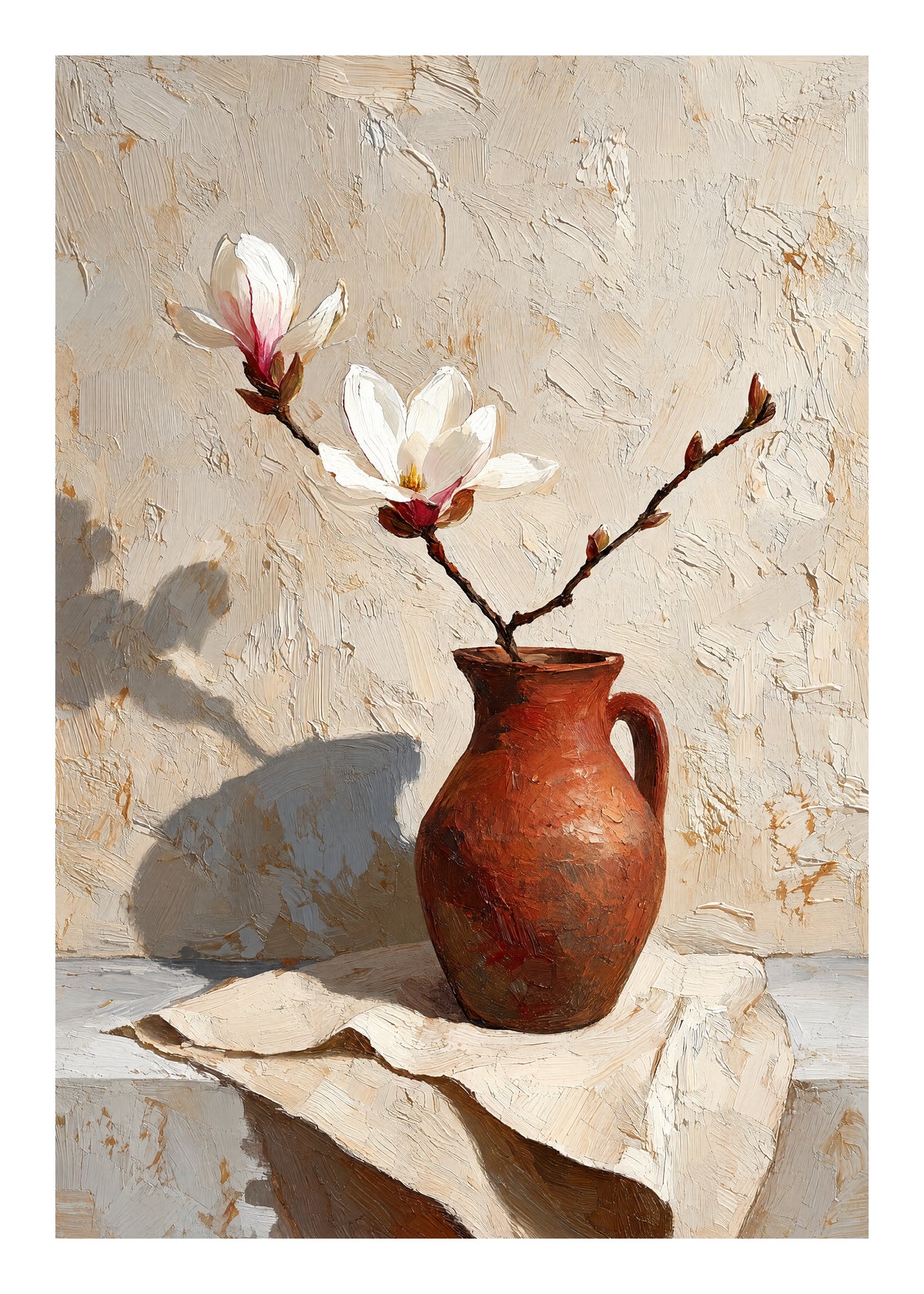 Stillleben-Gemälde eines Tonkrugs mit weißen Magnolienblüten. Das Motiv hat eine pastose Pinselstruktur und wirft einen starken Schatten an die Wand.