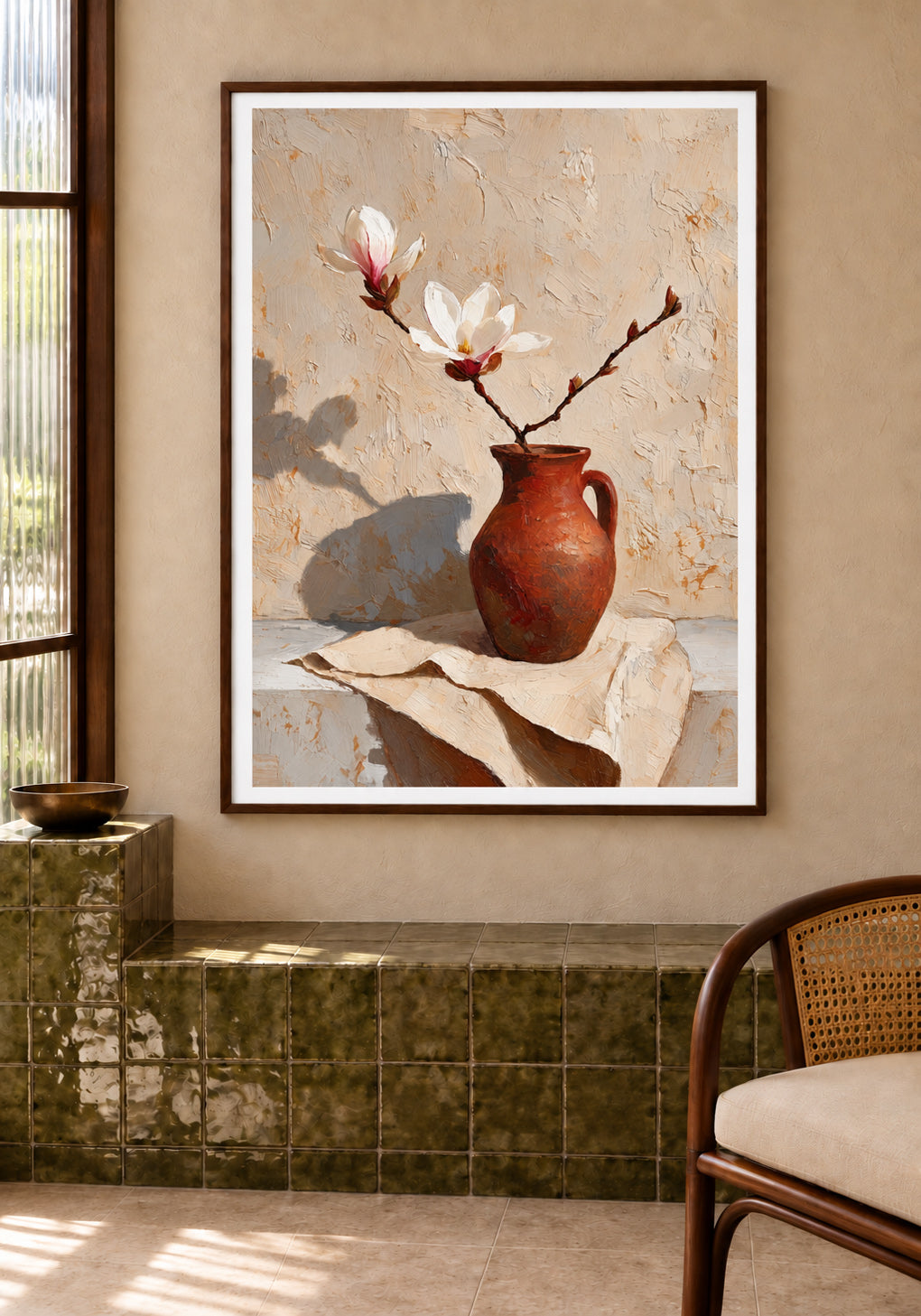 Gerahmter Print eines Stilllebens mit Magnolienzweig in einer Terrakotta-Vase, der über einer grünen Fliesenbank an einer beigen Wand hängt.
